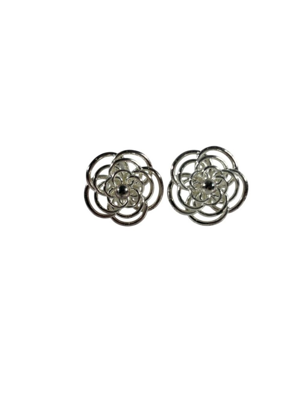 Silver Tone Floral Clip On Earrings Openwork Rose Retro Fillgree